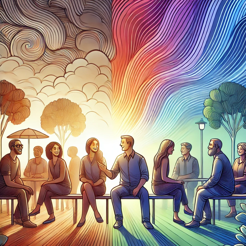 An illustration showing a group of diverse individuals socializing in a park, smiling and talking, symbolizing the benefits of social connection