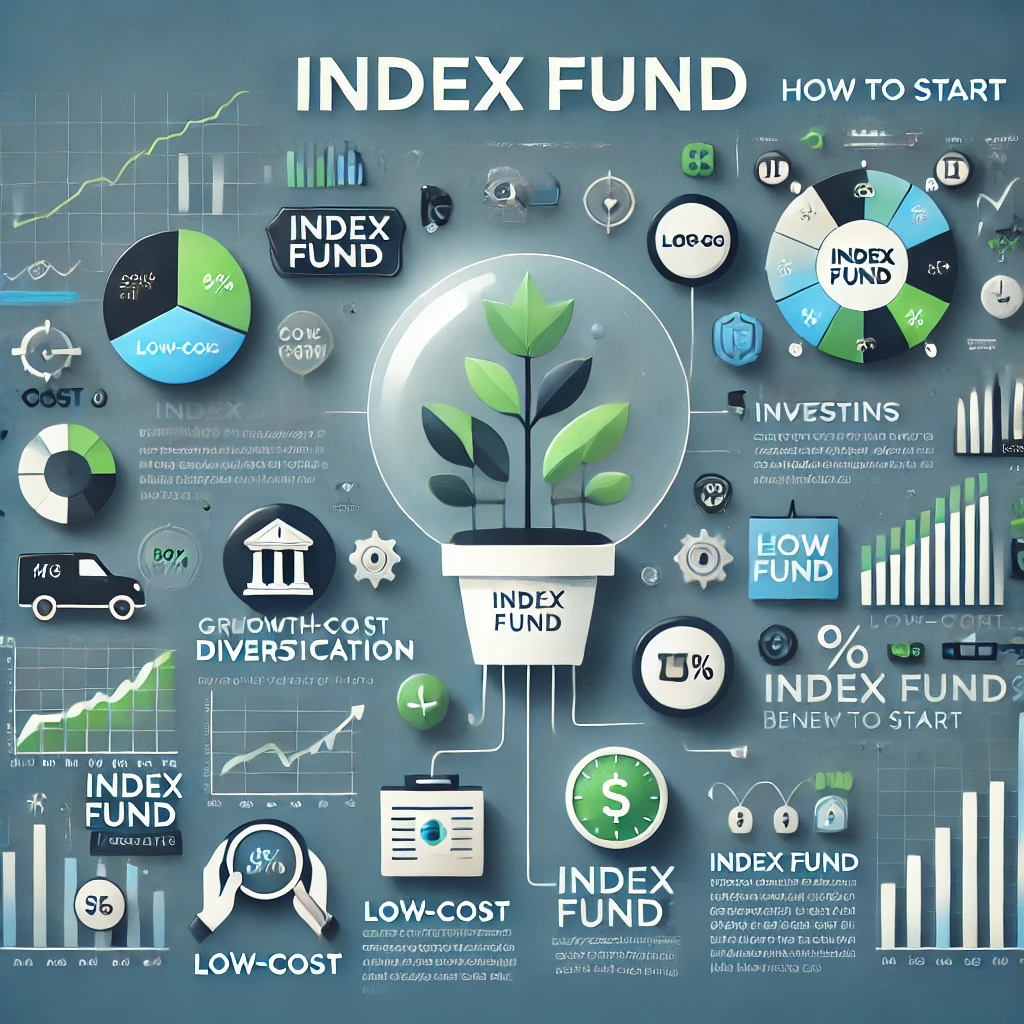 Illustration of index funds concept, depicting investment growth, financial stability, and a diversified stock market portfolio.